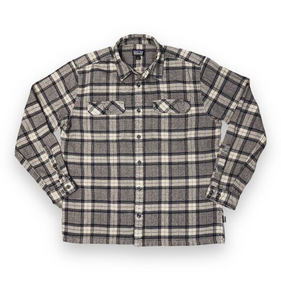 Patagonia Fjord Heavyweight Flannel Men's L Organic Cotton Gray Navy Plaid FA17 - Picture 1 of 8